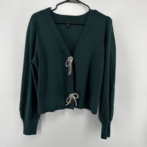Express Women's L Green V-Neck Cardigan Rhinestone Bow Balloon Sleeve